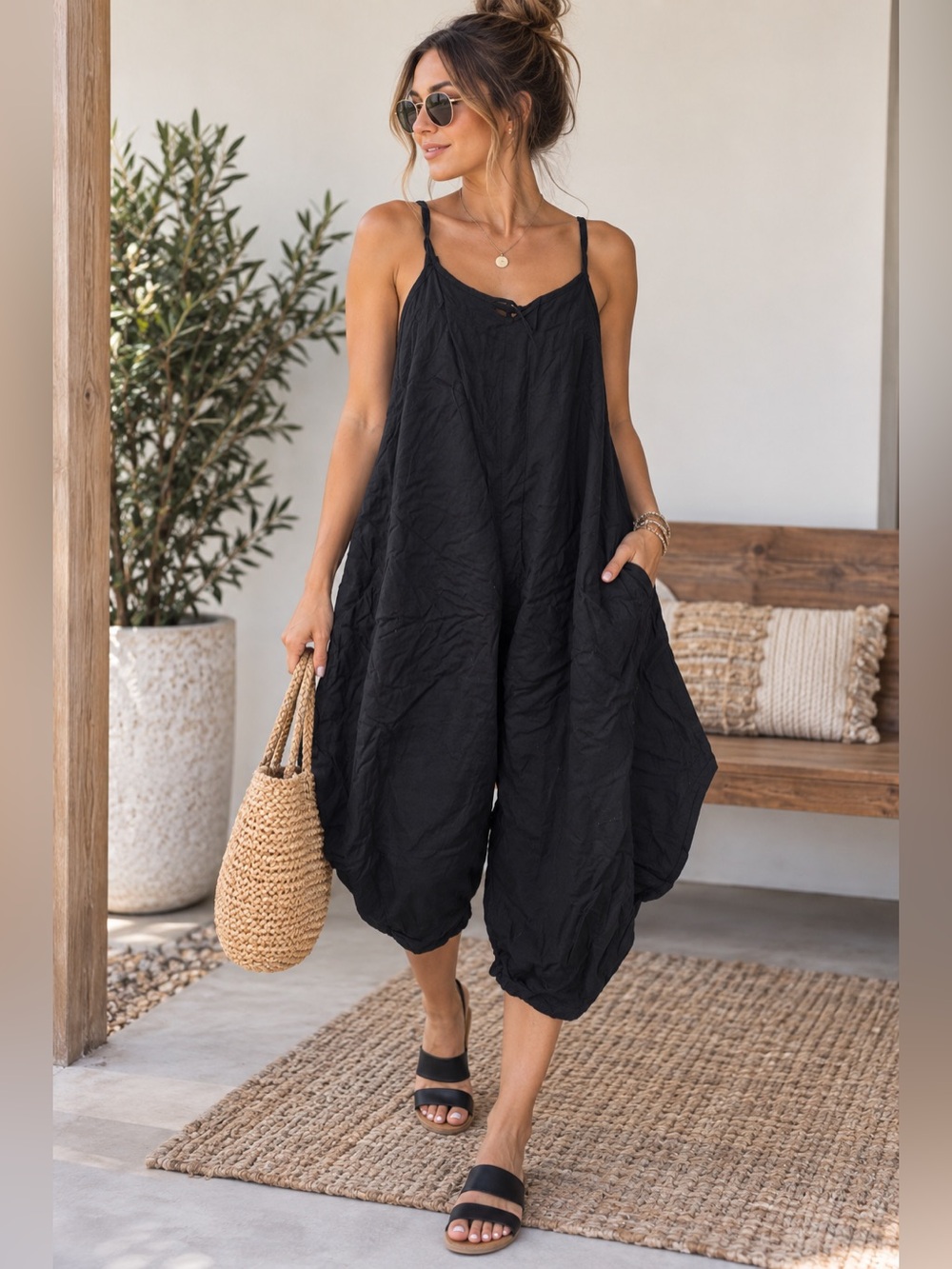 NWOT! MSK Black Relaxed Wide-Leg Spaghetti-Strap Jumpsuit